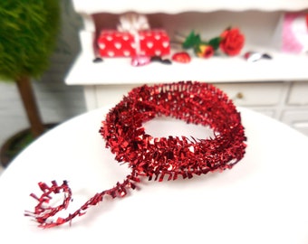 3mm Miniature Red Tinsel Rope Garland, 3 FT ~ Valentine's Day Fairy Garden & Dollhouse Décor ~ Mini Heart Themed Diorama Craft Supplies