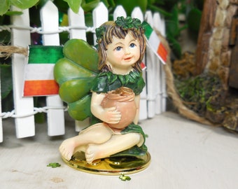 Miniature Shamrock Fairy w/  Pot of Gold ~ St. Patrick's Day Fairy Garden, Terrarium, Dollhouse & Diorama Accessory ~ Leprechaun Trap Crafts