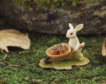 Miniature Bunny Figurine Pushing Wheelbarrow ~ Easter Fairy Garden & Dollhouse Accessories ~ Spring Home Décor