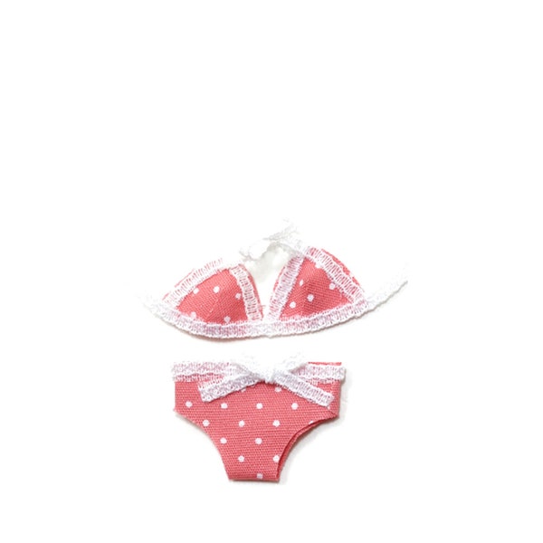 Miniature 2 Piece Bikini, Red & White Polka Dot ~ Summer Fairy Garden and Dollhouse Art Accessories ~Beach Themed Diorama Craft Supply