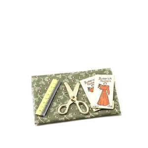 Miniature Seamstress Kit w/ Fabric & Scissors, Green  ~ Back To School Fairy Garden and Dollhouse Accessories ~ Fall Diorama Craft Supply