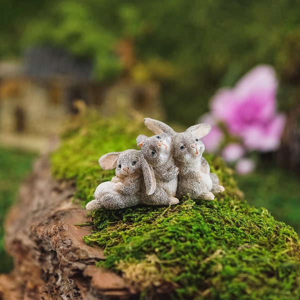 Miniature Sleepy Bunny Trio ~ Easter Fairy Garden & Dollhouse Accessories ~ Spring Home Décor
