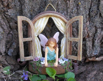 Miniature Hanging Window w/ Blue Fairy Figurine ~ Spring Fairy Garden, Dollhouse, Terrarium or Diorama Accessories ~ Outdoor Garden Ornament