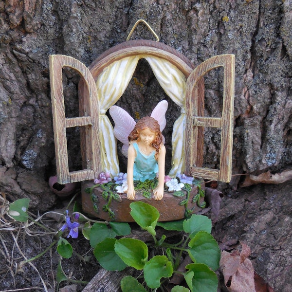 Miniature Hanging Window w/ Blue Fairy Figurine ~ Spring Fairy Garden, Dollhouse, Terrarium or Diorama Accessories ~ Outdoor Garden Ornament