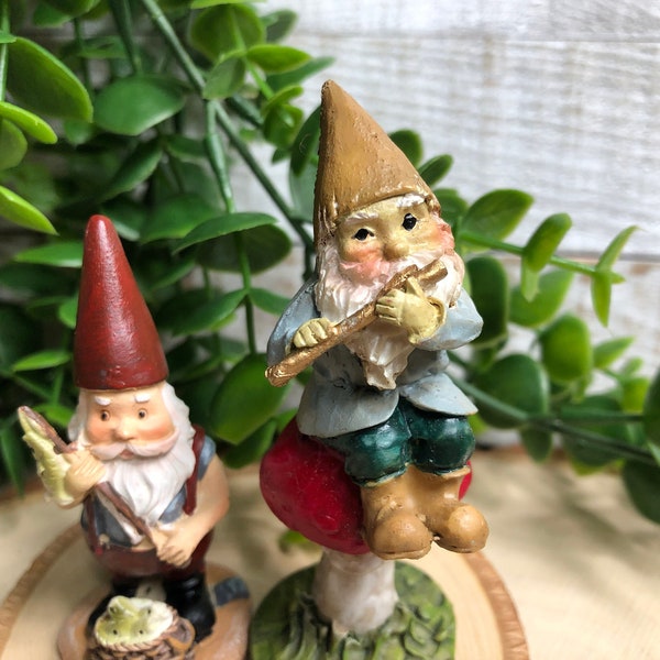 Miniature Gnome Playing Flute and Gnome with Fish~ Fairy Garden & Dollhouse Accessories ~ Terrarium Figurines ~ Diorama Craft Supply