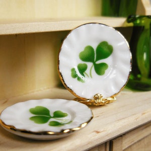 1” Miniature Ceramic Shamrock Plates, 2 PC Set ~ St. Patrick's Day Fairy Garden, Terrarium & Dollhouse Accessory ~ Captured Leprechaun Trap