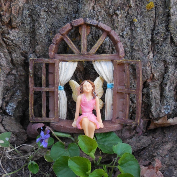 Miniature Fairy Window w/ Figurine ~ Spring Fairy Garden, Dollhouse, Terrarium or Diorama Accessories ~ Outdoor Garden Ornament