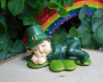 Baby Boy Leprechaun Figurine Sleeping on a Shamrock ~ Fairy Garden Accessories ~ St. Patrick's Day Home, Garden, & Party Decor