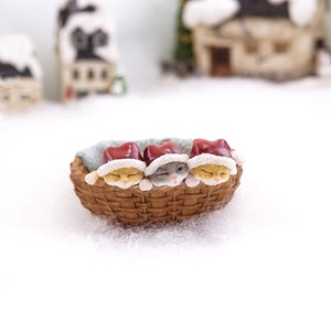 Miniature Kitten Trio Napping in Large Basket ~ Christmas Fairy Accessories ~ Winter Village Minis