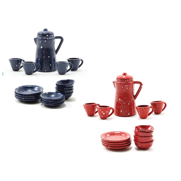 Miniature Coffee Urn, Cups, Plates & Bowls Speckled Enamelware, Blue or Red ~ Camping Dollhouse Dishes ~ Summer Fairy Garden Accessories