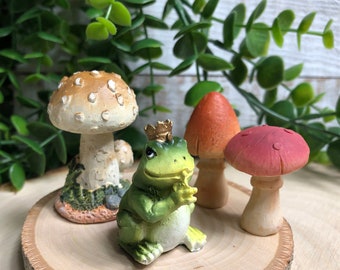 Miniature Frog Prince w Mushrooms~ Fairy Garden & Dollhouse Accessories ~ Terrarium Figurines ~ Diorama Craft Supply