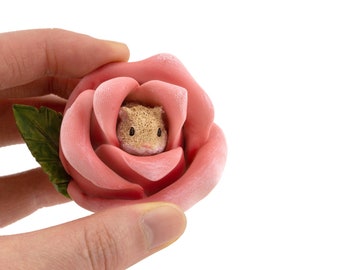 Miniature Hamster in Pink Rose Figurine ~ Summer Fairy Gardens, Terrariums, Dollhouses & Diorama Accessories ~ Spring Craft Supply