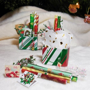 10 PC Miniature Christmas Gift Bags Stuffed w/ Wrapping Paper & Mini Greeting Cards ~ Fairy Garden Accessories ~ Christmas Crafts