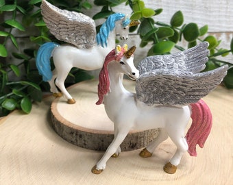 2 PC Miniature Pegasus in Blue and Pink ~ Fairy Garden & Dollhouse Accessories ~ Terrarium Figurines ~ Diorama Craft Supply