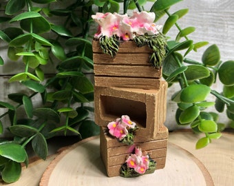 Miniature Stacked “Wood” Crates w/ Pink Spring Flowers ~ Fairy Garden & Dollhouse Accessories ~ Terrarium Figurines ~ Diorama Craft Supply