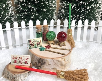 5 PC Miniature Holiday Broom, Fairy Dust, Crystal Ball Set ~ Winter Fairy Garden & Dollhouse Accessories ~ Christmas Diorama Craft Supplies