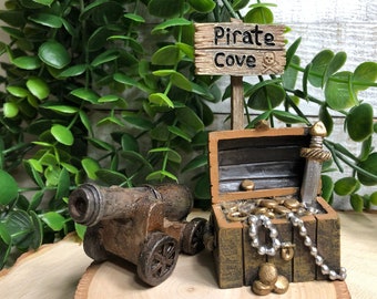 Miniature Pirate Treasure, Canon and Sign ~ Fairy Garden & Dollhouse Accessories ~ Terrarium Figurines ~ Diorama Craft Supply