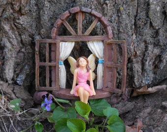 Miniature Fairy Window w/ Figurine ~ Spring Fairy Garden, Dollhouse, Terrarium or Diorama Accessories ~ Outdoor Garden Ornament