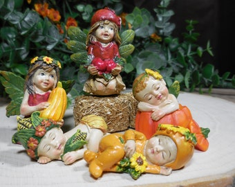 Fall Harvest Fairies Sunflower, Corn, Apple, & Squash Pixies ~ Miniature Fairy Garden ~ Dollhouse Figurines ~ Thanksgiving Craft Supply