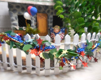 Guirlande lumineuse miniature en buis, rouge, blanc et bleu, 4 juillet, jardin féerique, terrarium, accessoires de maison de poupée, diorama patriotique d'été
