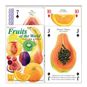 Famous Fruits-speelkaarten ~ Designerkaart met voedselthema voor scrapbooking, collages en junkjournals ~ Educatieve familiegame-avond