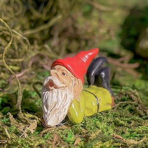 MICRO Miniature Gnome Lying Down Figurine ~ Enchanted Woodland Forest Fairy Garden, Mini Gardening, Diorama & Fall Terrarium Accessories