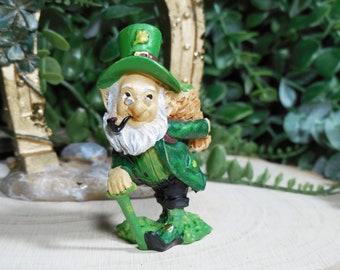 Miniature Leprechaun w/ Bushel of Shamrocks Figurine ~ St. Patrick's Day Fairy Garden & Dollhouse Accessory ~ Lucky Irish Diorama Minis