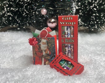 Miniature Holiday Gift Bag, Wrapping Paper & Ornaments ~ Winter Fairy Garden Accessories and Dollhouse Toys ~ Christmas Diorama Craft Supply