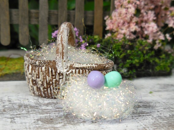 Mini Holo White Easter Grass Basket Filler Spring Fairy Garden