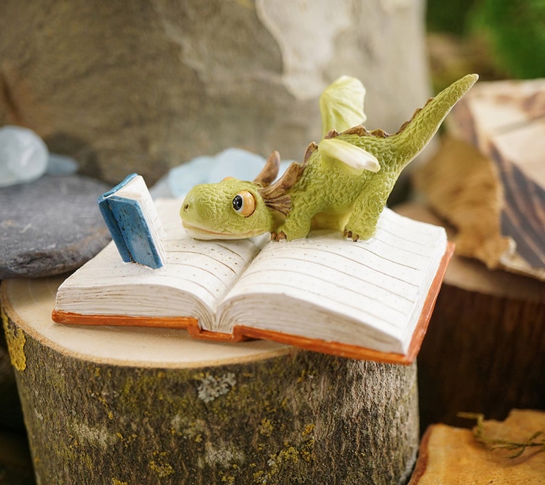 Fairy Garden Dragon Reading a Book Miniature Animal Figurine for Terrarium Fairy Garden Supply and Accessory Fairy Figurines image 2