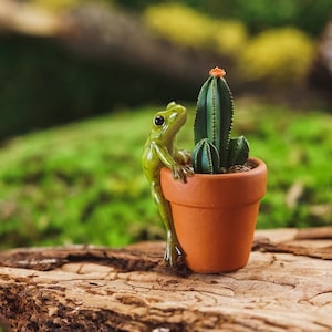 Mini Frog Climbing Potted Column Cactus ~ Summer Fairy Garden Accessories ~ Miniature Fairy Animal Figurines ~ Frog Themed Party Decor