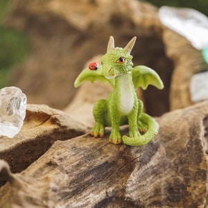 Miniature Horned Dragon w/ Ladybug Figurine ~ Fairy Home Decor ~ Fairy Garden Supply & Accessories ~ Miniature Animal Terrarium Figurine