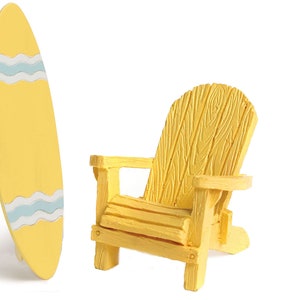 Miniature Yellow Adirondack Chairs w/ Matching Surfboard ~ Summer Fairy Garden & Dollhouse Accessories ~ Coastal Beach Home or Party Décor