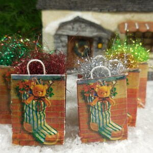 Miniature Teddy Bear Gift Bag w/ Metallic Grass Stuffing ~ Winter Fairy Garden Accessories ~ Christmas Dollhouse Miniatures & Craft Supplies