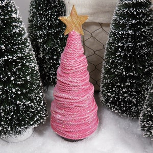 Miniature Pink Yarn Christmas Tree w/ Star ~ Christmas Fairy Garden Accessories ~ Winter Dollhouse Figurines ~ Holiday Diorama Supply