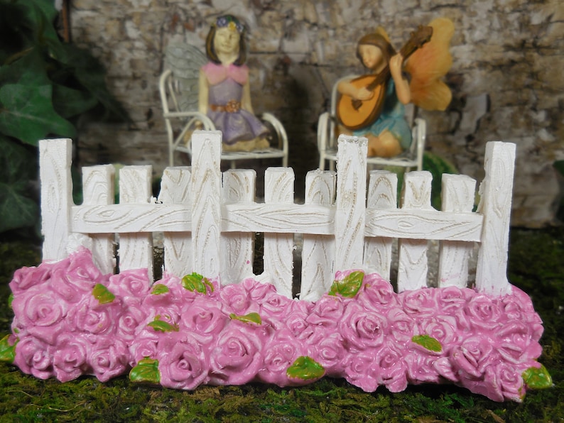 Fairy Accessory White Picket Fence Miniature White Garden Fence and Pink Roses for Fairies Spring Fairy Garden Supplies & Accessories image 1