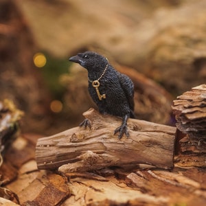 Miniature Black Raven w/ Secret Key for Halloween ~  Fairy Garden Accessories ~ Woodland Animal Home & Office Figurines