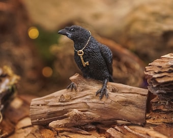 Miniature Black Raven w/ Secret Key on Tree Limb for Halloween ~  Fairy Garden Accessories ~ Woodland Animal Home & Office Figurines