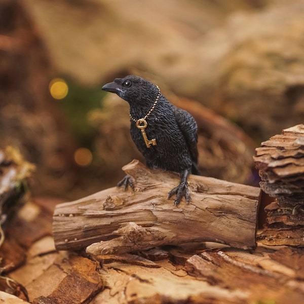 Miniature Black Raven w/ Secret Key on Tree Limb for Halloween ~  Fairy Garden Accessories ~ Woodland Animal Home & Office Figurines