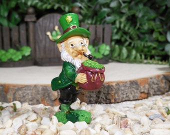 Miniature Leprechaun w/ Pot of Shamrocks Figurine ~ St. Patrick's Day Fairy Garden & Dollhouse Accessory ~ Leprechauns Trap Diorama Minis
