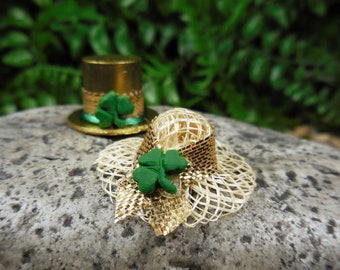 Mini Metallic Gold Shamrock Top Hat & Sun Hat ~ St. Patrick's Day Fairy Garden Miniatures ~ Dollhouse Accessories ~ Shamrock Craft Supply