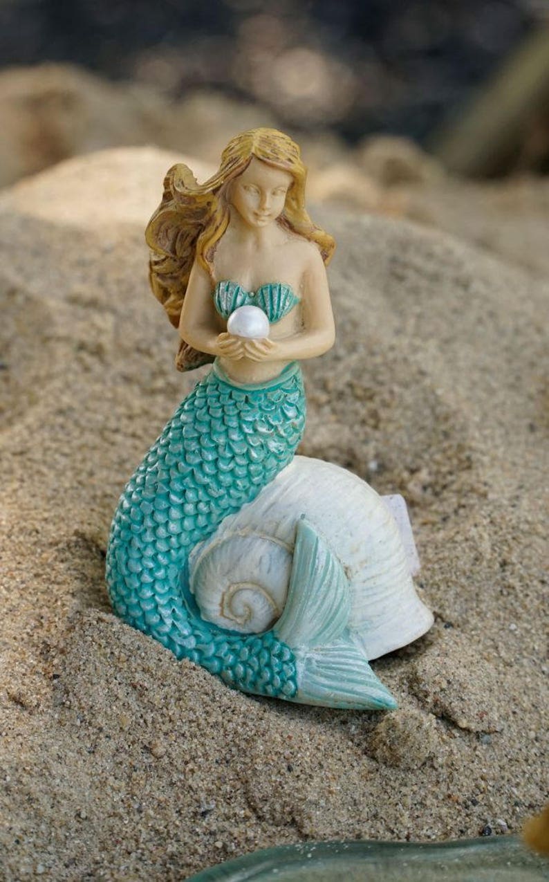 Miniature Green Mermaid Figurine Sitting on Seashell Holding | Etsy