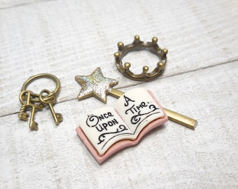 Miniature Bronze Magic Wand, Crown, Key & Fairytale Book Figurine ~ Magical Kingdom Fairy Garden, Terrarium, Dollhouse and Diorama Accessory