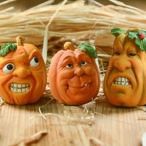 Miniature Grumpy Face Jack-o&#39;-Lanterns Figurines ~ Halloween Fairy Garden, Terrarium & Dollhouse Accessories ~ Fall Diorama Craft Supplies