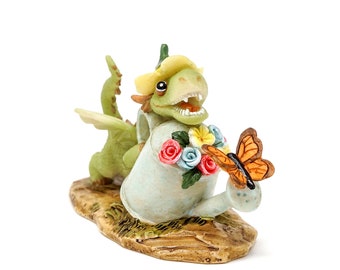 Miniature Dragon Gardener Figurine w/ Watering Can ~ Fairy Garden Accessories ~ Dungeons & Dragons Party Decor