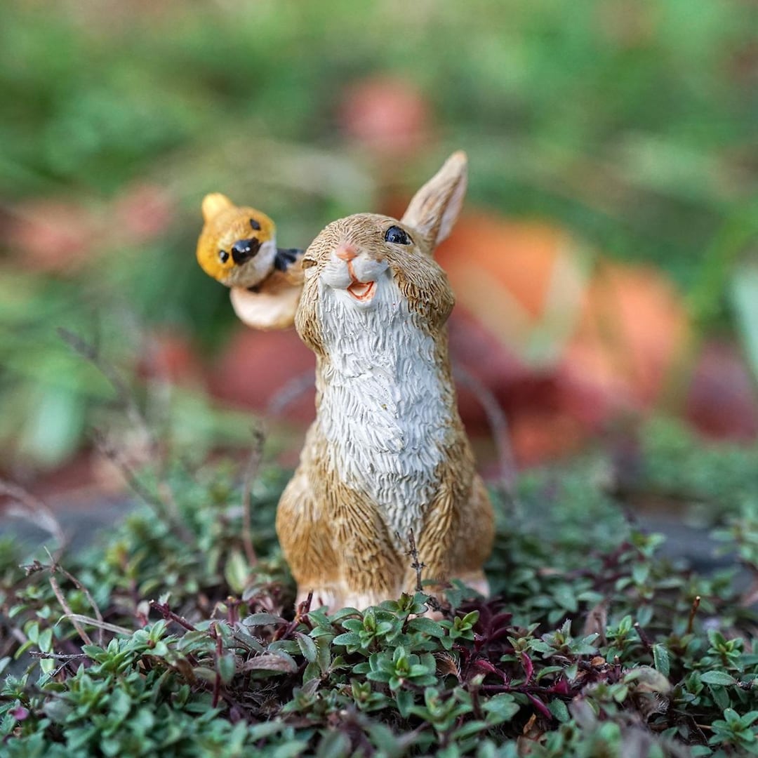Miniature Brown Floppy Ear Bunny Rabbit W/ Canary ~ Spring Fairy Garden ...