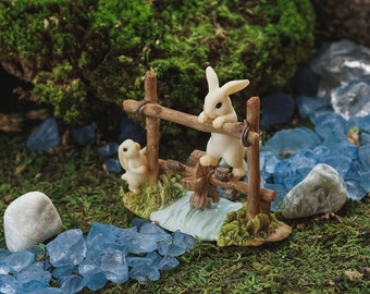 Miniature White Bunny Rabbits Paddling Water Wheel ~ Easter Fairy Garden, Terrarium or Mini Gardening Accessory ~ Spring Diorama Animals