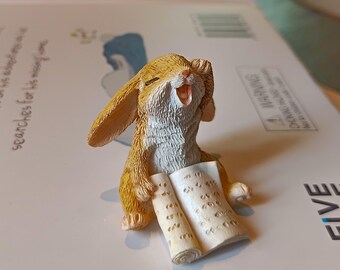 Miniature Bunny Yawning While Reading Figurine ~ Spring Back to School Fairy Gardens, Dollhouses, Terrarium Minis ~ Easter Diorama Animal