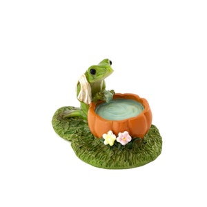 Tiny Frog Washing Face in Pumpkin Water Basin ~ Fairy Garden Accessories ~ Miniature Animal Figurines ~ Frog Themed Party Decor