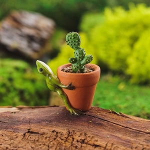 Tiny Frog Pulling Bunny Ear Cactus ~ Summer Fairy Garden Accessories ~ Miniature Fairy Animal Figurines ~ Frog Themed Party Décor